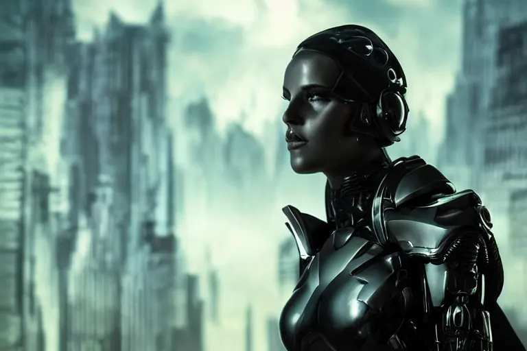 Prompt: VFX movie closeup portrait of a gorgeous futuristic hero cyborg woman in black spandex armor in future city, hero pose, beautiful skin, city night lighting by Emmanuel Lubezki