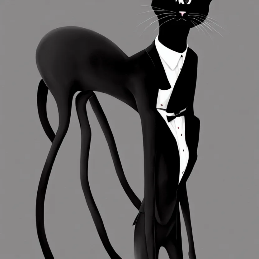 Image similar to slim cruel business humanoid cat in tuxedo with black bob hair, elegant, 2 d, ultra highly detailed, digital painting, smooth, sharp focus, artstation, art by ilya kuvshinov!