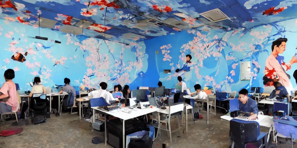 Image similar to a flickr screenshot of an abandoned internet cafe with a blue wall mural, and a japanese sign, with artworks of people playing on computers on the mural