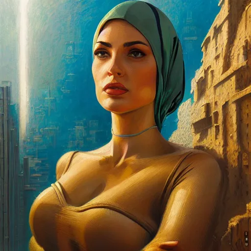 Prompt: detailed face of an arabic woman, tectonic cityscape, skydome, reactor, utopian, wet reflections, prism, atmospheric, ambient, pj crook, syd mead, livia prima, artgerm, greg rutkowski, nick alm, casey baugh