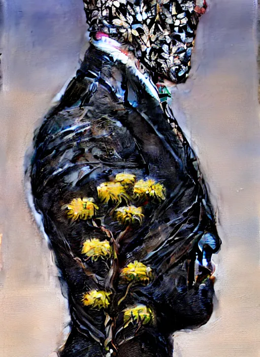 Image similar to an black suit with a flowery shrub growing out of the neck hole instead of a head, intricate, highly detailed, concept art, hyperrealistic, oil painting by greg staples, 8 k