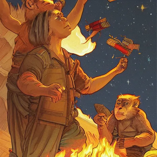 Prompt: [two monkeys throwing books in a bonfire, behind them space rockets are taking off. propaganda, closeup, D&D, intricate, elegant, highly detailed, digital painting, artstation, concept art, matte, sharp focus, illustration, art by Artgerm and Greg Rutkowski and Alphonse Mucha and Enki Bilal]
