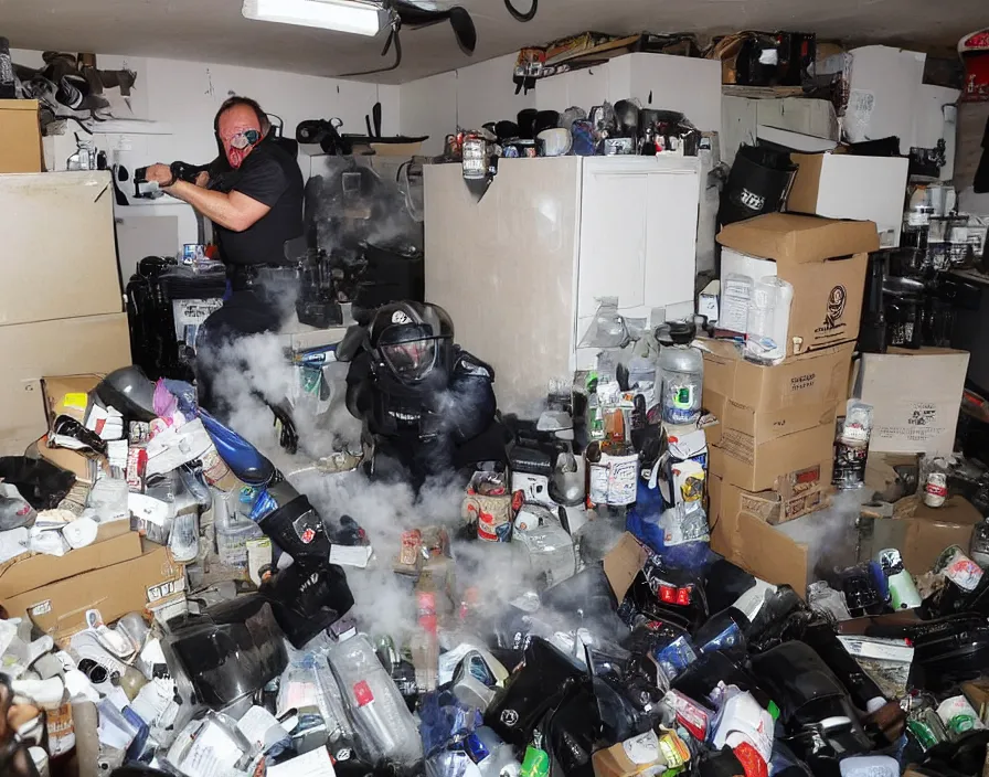 Image similar to Alex Jones in his garage office, surrounded by boxes of herbal supplements and trash, a group of SWAT police kicking in the door, tear gas and smoke, detailed photograph high quality