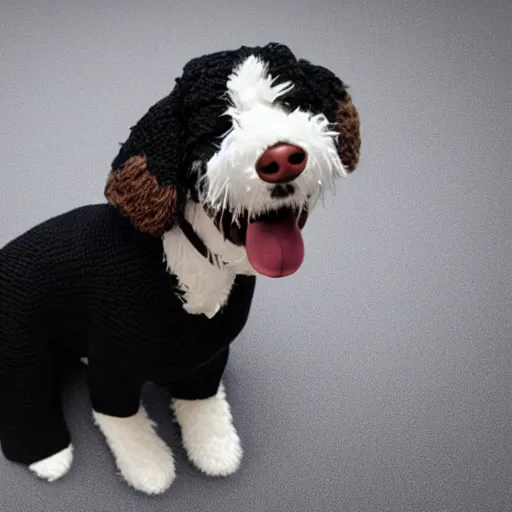 Image similar to a closeup photorealistic photograph of a cute smiling knitted bernedoodle judge dog dressed in a black gown, presiding over the courthouse. indoor shot, professional capture, well lit photo. this 4 k hd image is trending on artstation, featured on behance, well - rendered, extra crisp, features intricate detail, epic composition and the style of unreal engine.