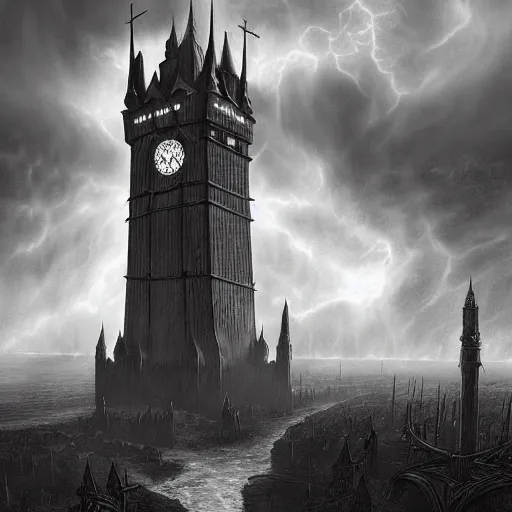 Prompt: an ultra detailed black and white tarot card of a lonely and impossibly tall ominous gothic dark citadel tower of the evil patriarch, in the style of magic the gathering, in a river elevated high above the city, gaslight fantasy capital city, ultrawide lense, aerial photography, scary thunderstorm, exquisite detail, 8 k, art by greg rutkowski and alphonse mucha