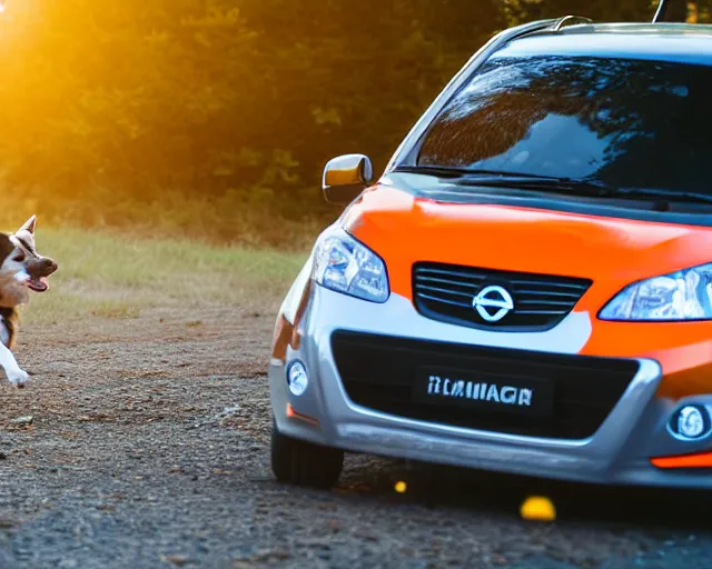 Image similar to border collie dog in the driver's seat of an orange nissan note, paws on wheel, car moving very fast, rally driving photo, award winning photo, golden hour, front of car angle, extreme horizontal background blur, 3 0 0 mm lens