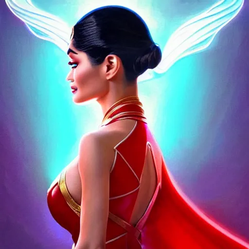 Prompt: pia wurtzbach as darna, wax figure, volumetric lights, red and cyan theme, art nouveau botanicals, intricate, highly detailed, digital painting, artstation, concept art, smooth, sharp focus, cinematic, illustration, beautiful face, art by artgerm and greg rutkowski and alphonse mucha