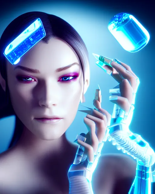 Prompt: a 3 d render of a beautiful female translucent cyborg trying to fix her broken head with futuristic tools, dreamy, elegant photorealistic, cinematic, octane render,