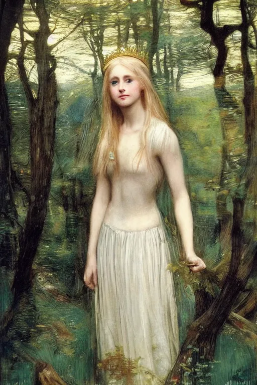 Image similar to portrait of a blue eyed, blonde haired crowned queen of summer with light elvish overtones and a forest background by John WIlliam Waterhouse