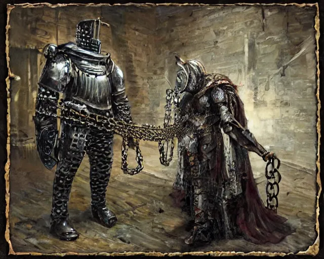 Prompt: [ 1 6 k realism ] a mettallic knight covered in chains in a dirty filthy basement, the knight is being tortured by a skinny princess made of teeth