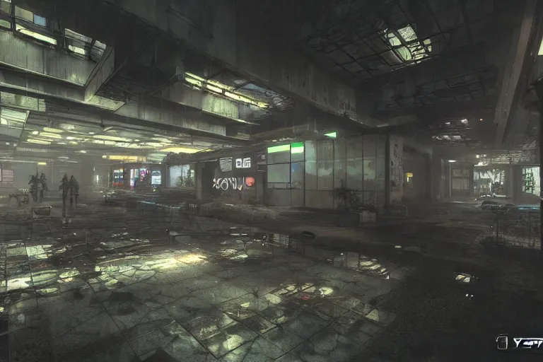 Image similar to hyper realistic fps game screenshot of a abandoned cyberpunk shopping mall, a crew of high tech soldiers are in, cinematic lightning, ray tracing, unreal engine, photorealistic fps game concept art, detailed, dark, moody, foggy