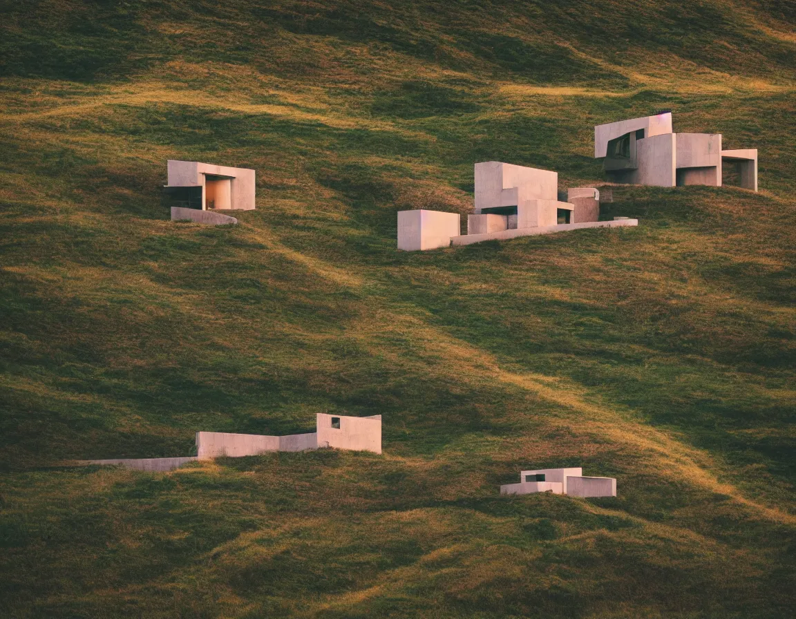 Prompt: small house on a hill, modern architecture, stone walls, house concept, sunset, morning, stary sky, rtx lighting, cloudy sky