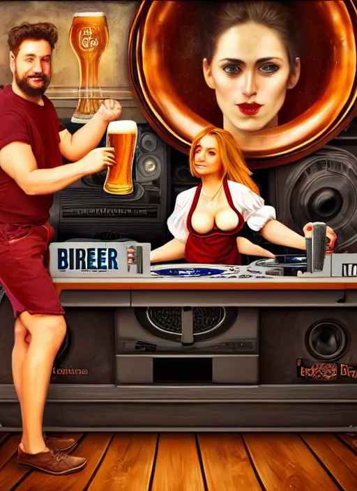 Image similar to image of large pint of beer and large technics dj table front of picture, in the backround man and a woman very drunk and dancing from octoberfest, dark backround, highly detailed, digital illustration, trending in artstation, modern painting, smooth, sharp focus, intricate, einar jonsson and bouguereau