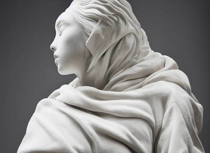 Image similar to well lit fashion shoot portrait of extremely beautiful female marble statue wearing huge over size puffer jacket by dingyun zhang, yeezy, balenciaga, vetements, a cold wall, sharp focus, clear, detailed,, cinematic, detailed, off white, glamourous, symmetrical, vogue, editorial, fashion, magazine shoot, glossy