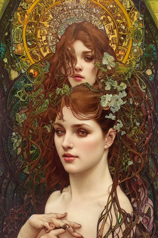 Prompt: Queen of Split Leaf Philodendron realistic detailed face portrait of Madonna by Alphonse Mucha, Ayami Kojima, Amano, Charlie Bowater, Karol Bak, Greg Hildebrandt, Jean Delville, and Mark Brooks, Art Nouveau, Neo-Gothic, gothic, rich deep moody colors