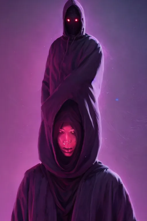 Prompt: A full body portrait of a mysterious character (male) with no face with a very long hooded dark purple cloak tentacles coming out the ground art by Maciej Kuciara and Jason Chan, ominous, cosmic horror, trending on artstation, detailed, realistic 4k