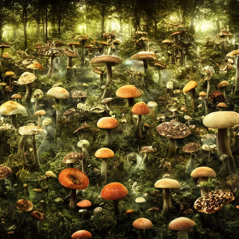 Image similar to a planet of various fungus like trees, mushrooms, flowers and plants, artistic photography, muted colors, conceptual, long exposure outside the city, volumetric light