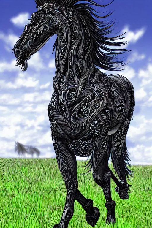 Image similar to horse in a field, symmetrical, highly detailed, digital art, sharp focus, trending on art station, kentaro miura manga art style