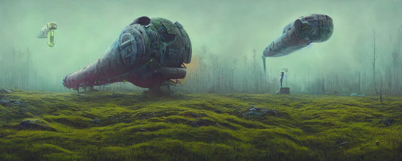 Image similar to hyperealistic painting of scandinavian landscape . giant abandonned spaceship covered with moss. by Simon Stålenhag !