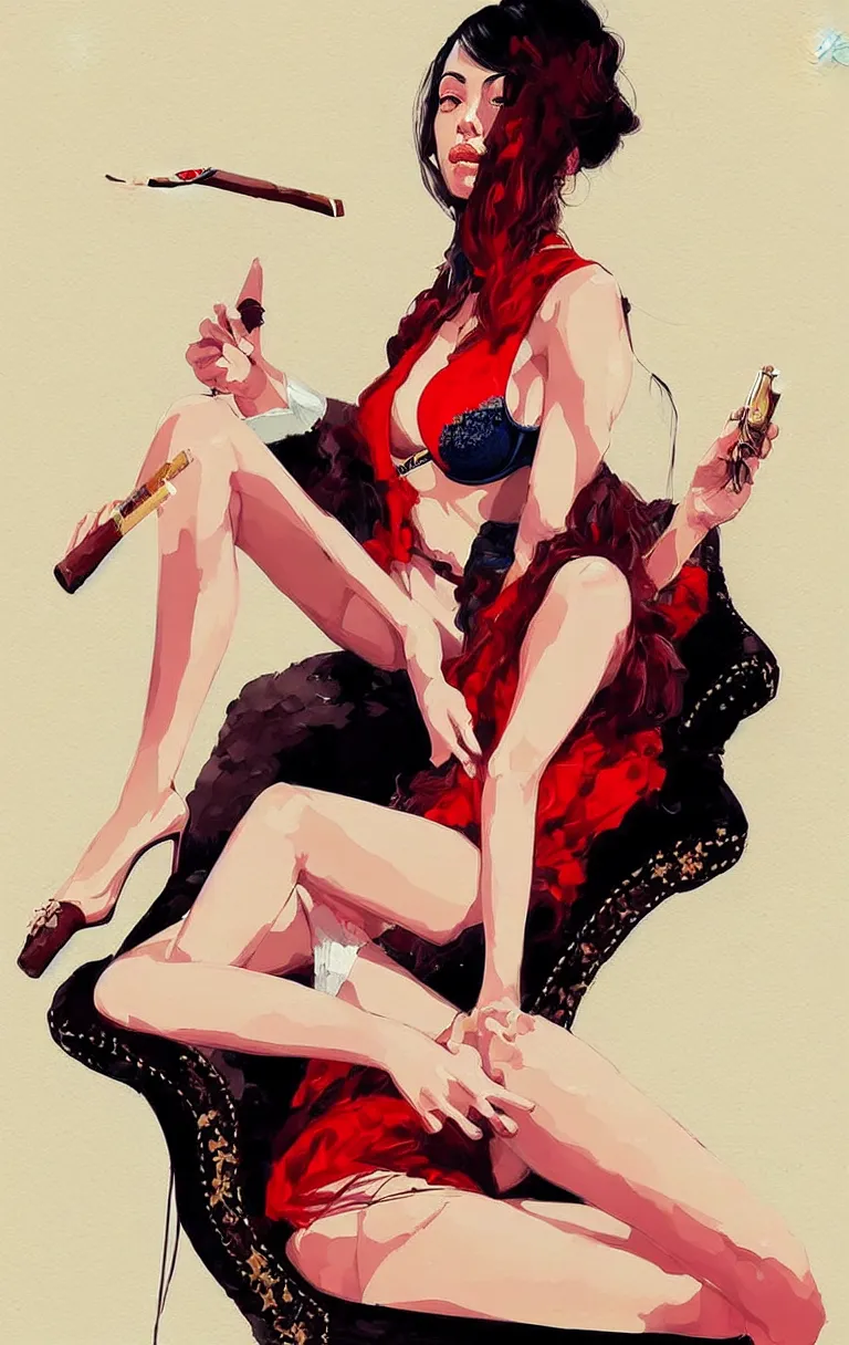 Prompt: an ultra - detailed beautiful painting of a stylish woman sitting on a couch in lingerie and holding a cigar by conrad roset, greg rutkowski and makoto shinkai trending on artstation