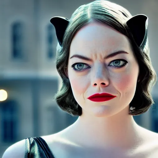 Image similar to Emma Stone as Catwoman XF IQ4, f/1.4, ISO 200, 1/160s, 8K, Sense of Depth, color and contrast corrected, Nvidia AI, Dolby Vision, symmetrical balance, in-frame