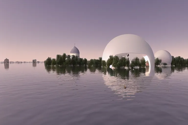 Prompt: many white round spherical buildings are crowded and combined to form a building on the calm lake, by pierre bernard, on the calm lake, people's perspective, future, interior wood, dusk, unreal engine highly rendered, global illumination, radial light, internal environment