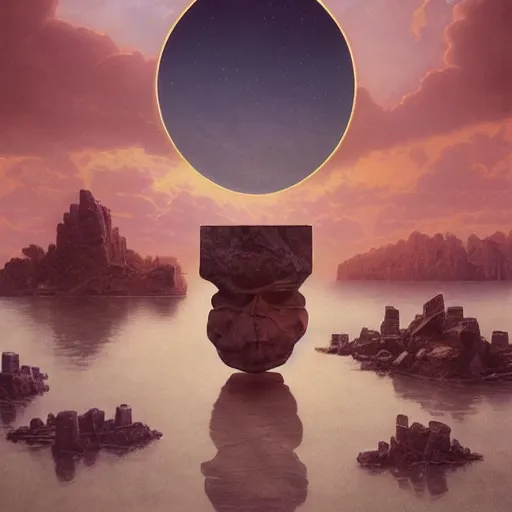 Image similar to peter tarka, minimalistic, hyperrealistic surrealism, award winning masterpiece with incredible details, epic stunning, infinity pool, a surreal vaporwave liminal space, highly detailed, trending on ArtStation, artgerm and greg rutkowski and alphonse mucha, daily deviation, IAMAG, broken giant marble head statue ruins, nightscape, milkyway