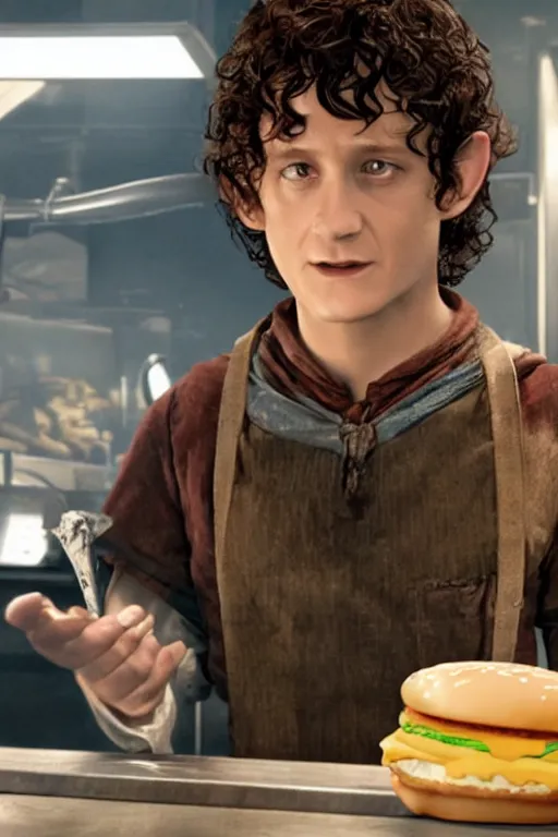 Image similar to film still of frodo working at mcdonalds in the new batman movie, oil on canvas, intricate, 8 k highly professionally detailed, hdr, cgsociety