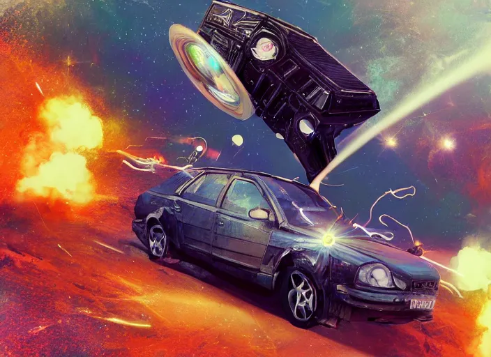 Image similar to volvo time machine flying through space and time, digital art, illustration, 3 d, colourful, amazing, cinema, michael bay style