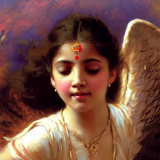 Image similar to detailed portrait of hindu traditional girl with angel wings coming down to earth in baroque painting, girl graceful, eyes closed, painting by gaston bussiere, craig mullins, j. c. leyendecker