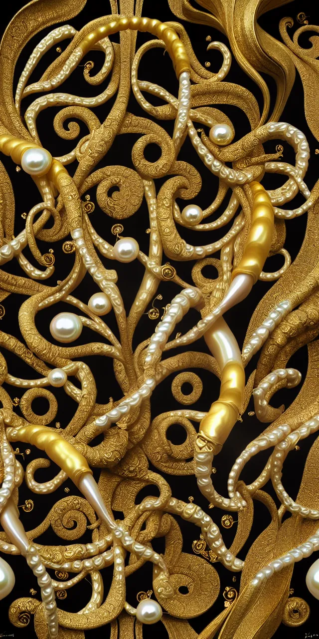 Image similar to subsurface scattering, seamless 3 d baroque gold and black pattern, beautiful dynamic shadows, gold silver iridescent pearls and swarovski crystals, symmetrical, rococo elements, damask pattern, swirls and spirals, dolce and gabanna, michelangelo, iris van herpen artstation, versace pattern, concept design art, octane render, 8 k