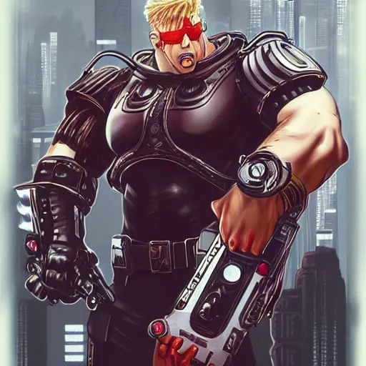 Prompt: duke nukem, anime, cyberpunk, artgerm, masterpiece, action game style, digital art, trending on arts