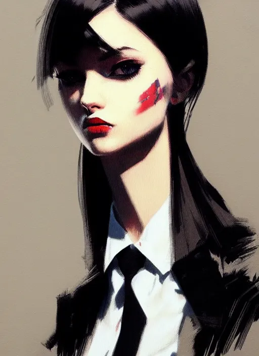 Image similar to ultradetailed beautiful panting of a stylish woman wearing a shirt with a tie, she has black hair, distressed, by ashley wood, ilya kuvshinov, greg rutkowski on artstation