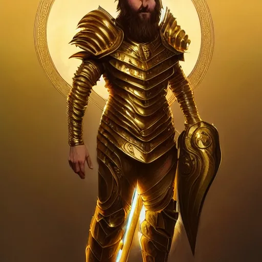 Image similar to Lionel Messi wearing a beautiful golden armor, D&D, fantasy, intricate, elegant, highly detailed, digital painting, artstation, concept art, matte, sharp focus, illustration, art by Artgerm and Greg Rutkowski and Alphonse Mucha