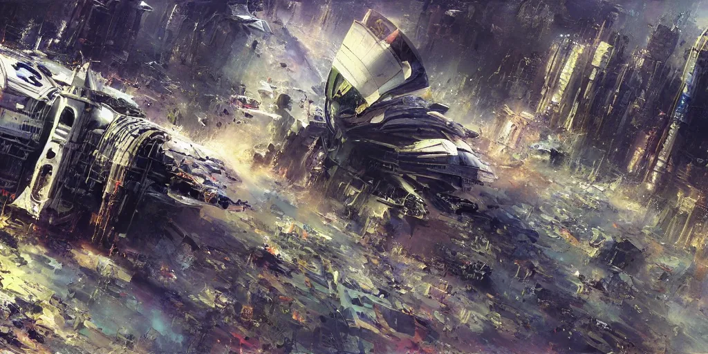 Image similar to hi - tech alien space ship crashed on dystopian earth, nyc 2 0 7 7, detailed, sharp focus, brush strokes, technicolor, by john berkey, craig mullins.