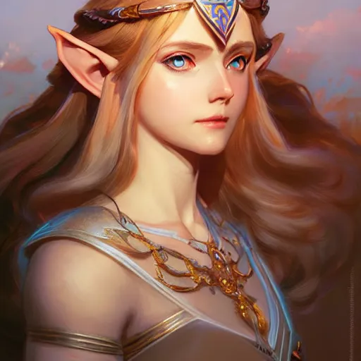 Image similar to Princess Zelda, fantasy, intricate, elegant, highly detailed, digital painting, artstation, concept art, matte, sharp focus, illustration, art by Artgerm and Greg Rutkowski and Alphonse Mucha