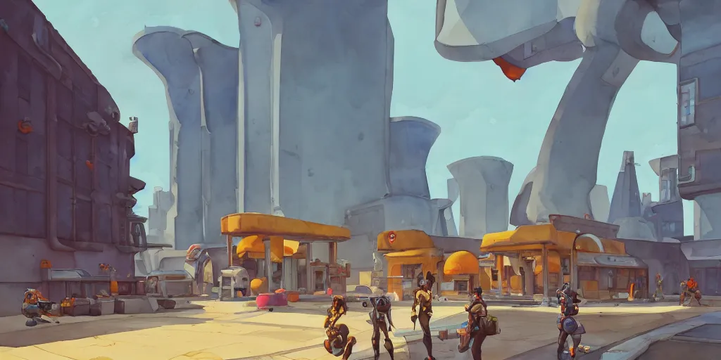 Image similar to overwatch building, stylized, exterior, architecture, in watercolor gouache detailed paintings, insanely detail, artstation, 8 k, futuristic, big medium small, arcane, simon stalenhag, food stall, interesting shapes & form, golden ratio