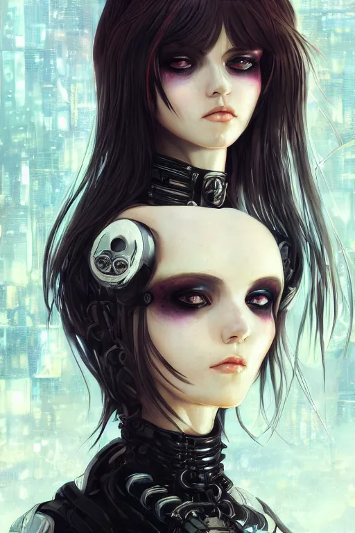 Image similar to portrait of beautiful young gothic cyborg anime maiden. Anime, cyberpunk, Warhammer, highly detailed, artstation, illustration, art Gustav Klimt. Face by Ilya Kuvshinov, cute-fine-face, pretty face, realistic shaded Perfect face, fine details