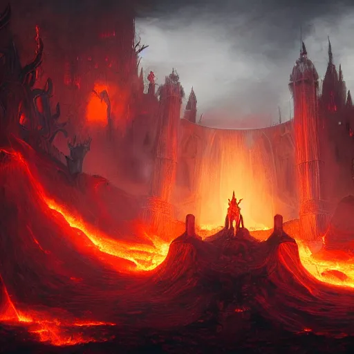 Image similar to The gates of hell, fire, volumetric fog, demons, fantasy, medieval, vivid colors, elegant, concept art, sharp focus, digital art, Hyper-realistic, 4K, Unreal Engine, Highly Detailed, HD, Dramatic Lighting by Brom, trending on Artstation