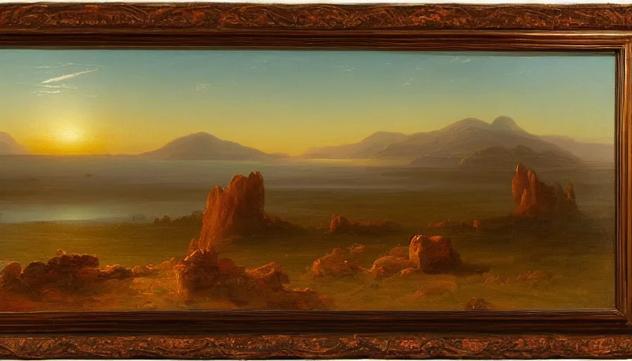 Prompt: a landscape painting depicting a remote arid planet with two suns above, oil on canvas, hudson river school, Thomas Cole, Fredric Edwin Church