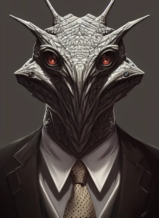 Prompt: anthropomorphic triangle head in edgy darkiron mr. bean, intricate, elegant, highly detailed animal monster, digital painting, artstation, concept art, smooth, sharp focus, illustration, art by artgerm, wayne barlowe, trending on artstation and greg rutkowski and alphonse mucha, 8 k