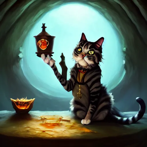 Image similar to Oil Painting of Cat Witch, Anthropomorphized, evil, brewing potion in witch Hut, magic the gathering artwork, horror, D&D, fantasy, cinematic lighting, centered, symmetrical, highly detailed, digital painting, artstation, concept art, smooth, sharp focus, illustration, volumetric lighting, epic Composition, 8k, art by Akihiko Yoshida and Greg Rutkowski and Craig Mullins, oil painting, cgsociety