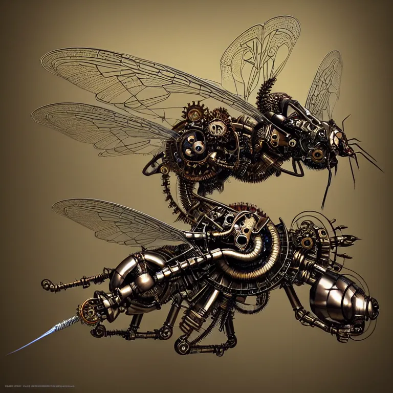 Prompt: steampunk cybernetic biomechanical mosquito with wings, 3 d model, very coherent symmetrical artwork, unreal engine realistic render, 8 k, micro detail, intricate, elegant, highly detailed, centered, digital painting, artstation, smooth, sharp focus, illustration, artgerm, tomasz alen kopera, wlop