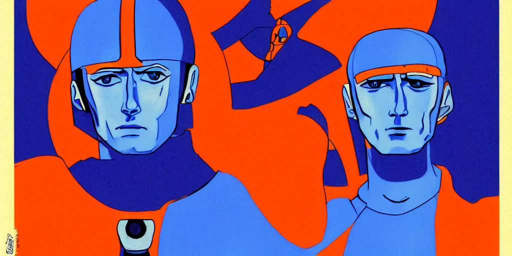 Image similar to blue white orange traditional drawn colorful animation a symmetrical portrait of lonely single Alain Delon Stallone Clint Eastwood alone pilot in posing in spaceship station planet captain bridge outer worlds robots extraterrestrial hyper contrast well drawn Metal Hurlant Pilote and Pif in Jean Henri Gaston Giraud animation film The Masters of Time FANTASTIC PLANET La planète sauvage animation by René Laloux