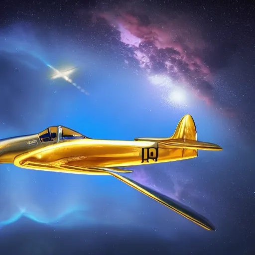 Image similar to shiny 50s bimotor plane flying in space, stars in the background, 4k high resolution photography, intricate details, award winning space photography