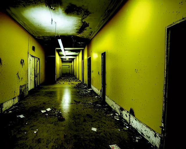 Image similar to the backrooms, the eerie forlorn atmosphere of a place that's usually bustling with people but is now abandoned and quiet, walls with tone of yellow, buzzing fluorescent lights, unsettling images, liminal space