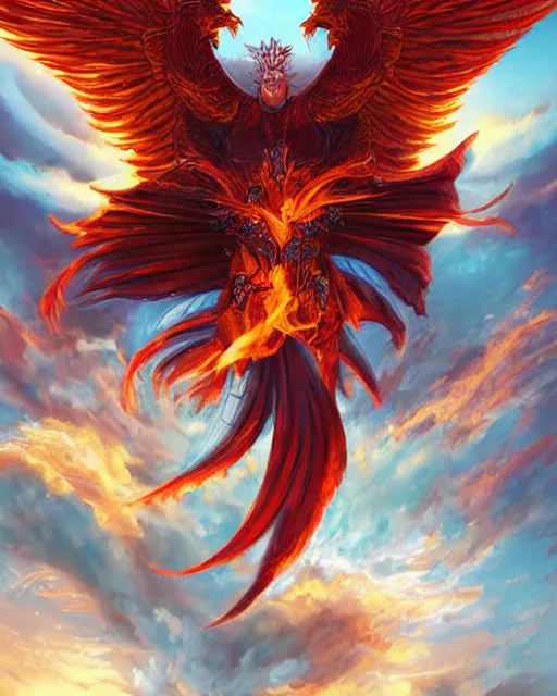 Prompt: ''Illustration of a phoenix , d&d, fantasy, detailed, digital art, by Ric Ow, by Fahmi Fauzi''