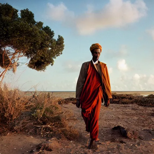 Image similar to a somali man with curly hair, in a movie still by wes anderson of a beautiful day on an island, visible magic energy, dream high fashion costumes, cinestill 8 0 0 t eastmancolor, high quality, heavy grain