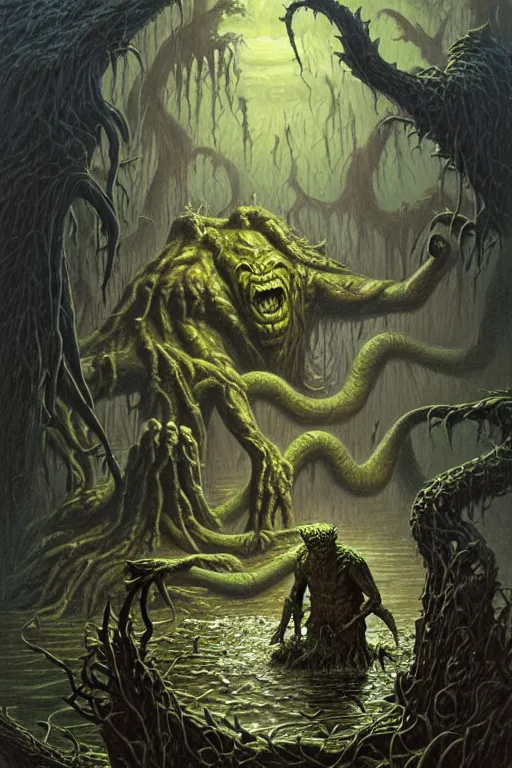 Prompt: classic oil painting, a muddy swamp monster, as a dnd character, emerging from the dirty swamp lake, cottagecore, highly detailed, digital illustration, concept art, smooth, sharp focus, art by tim hildebrandt, and greg hildebrandt