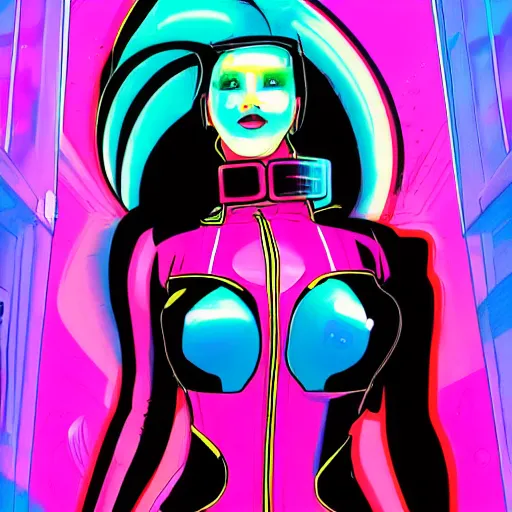 Image similar to synthwave cyberpunk girl detailed cybernetic face teardrops wearing latex biker catsuit holding a sitting on a stack of speakers in the back of a blue 1967 chevy camero, pink blue and red in a neon city in the style of a comic book sunset city